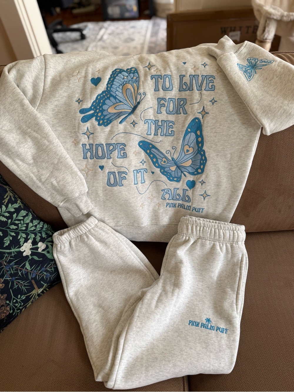 Pink Palm Puff Live For the Hope of it All matching hoodie sweatpants set